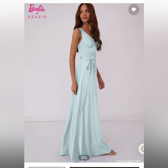 Azazie V-Neck Empire Dropwaist Stretch Satin A-Line Dress - Picture 2 of 3